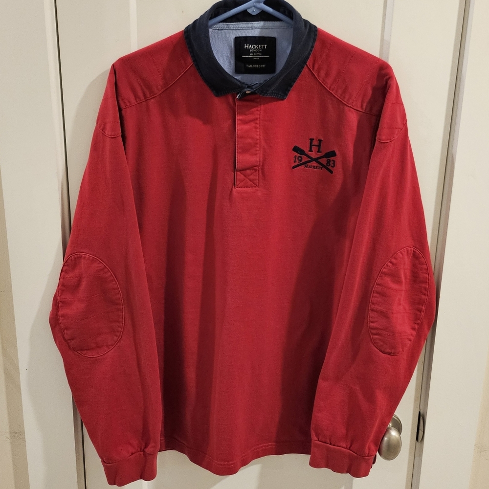 Hackett London Crew Rugby Jersey Shirt - Red & Black - Size Large Tailored-Fit